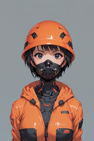 1girl, solo, looking at viewer, short hair, black hair, hat, jacket, upper body, hood, black eyes, mask, helmet, mouth mask, orange headwear, orange theme, cyberpunk,FuturEvoLab-girl,FuturEvoLab-mecha,FuturEvoLab-Bunny