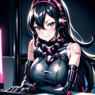 Female Ninja,Black mask,Close-up, sweet smile, lovely,working on laptop,cyberpunk style,headphones,listening to music,lofi background,keyboard,mouse,LED lights,(best quality,4k,8k,highres,masterpiece:1.2),ultra-detailed,(realistic,photorealistic:1.37),mecha,urban techwear,outfit,3DMM