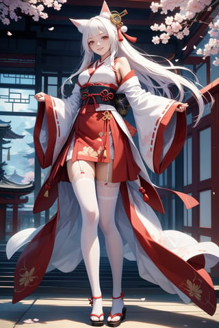 score_9, score_8_up, score_7_up, masterpiece, best quality, realistic, 
BREAK
full body, 1girl, action of prayer, animal fox ears, red eyes, long pure white hair, Miko attire, red skirt, garter straps, White stockings, geta sandals, hair ornament, indoor, FuturEvoLabgirl, Japanese style rooms, cherry blossoms, ,Cyberpunk geisha