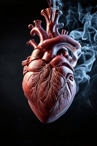 In a fantastic scene that uses 3D Surreal 3D model Anatomical Heart completely made of dense wisps of smoke, very detailed, cinematic, dramatic, effective lighting, play of light and shadow, soaring sparks on the far board, contrasting colors