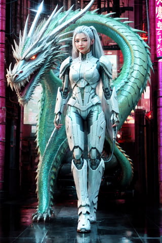 Full body, outer_space, robot female, human face, dragon skin, dragon scale pattern ,holding dragon head weapon, with long white hair,dragon-themed, complex background:1.1,Chinese Dragon,Mecha,Cyberpunk,Katon