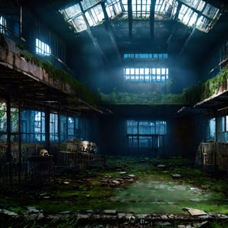 High-quality, ultra-realistic digital art, 64K HDR, eerie and haunting scene of (prison ruins:1.4) with (human skeletons:1.3), adjacent to a (dilapidated ancient hospital:1.4), crumbling walls, broken windows, overgrown vegetation, faded signs, rusted medical equipment, debris, sense of history and neglect, atmospheric lighting, photorealism.