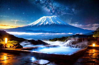 Masterpiece, High quality, 64K, Unity 64K Wallpaper, HDR, Best Quality, RAW, Super Fine Photography, Super High Resolution, Super Detailed, Photographer's masterpiece, artist's masterpiece, by FuturEvoLab, photorealistic digital art, 
capturing the mystical atmosphere of a hot spring with steam rising into the cool night air, stars twinkling above, majestic Mount Fuji in the distance, serene and tranquil ambiance, natural beauty, (Mount Fuji:1.3), (starry night:1.2), peaceful, serene.