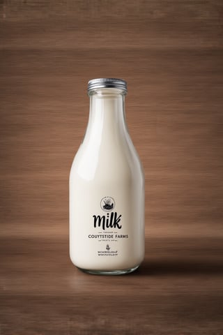 Create a product mockup of milk for the "Countryside Farms" brand, showcasing a clean and minimalist design, with a transparent glass bottle as the packaging, featuring a curved body and a silver screw-top lid, placed on a rustic wooden background, with a subtle gradient of earthy tones, evoking a sense of natural and organic origins, the brand name "Countryside Farms" displayed prominently in a modern, cursive font, with the text "Milk" written in a simple, bold font below, both in a soothing white color, with a slight shadow effect to give a sense of depth, surrounded by a thin, cream-colored border, subtly gradiented to give a sense of texture, ensuring the overall design feels fresh, approachable, and authentic.,FuturEvoLabStyle