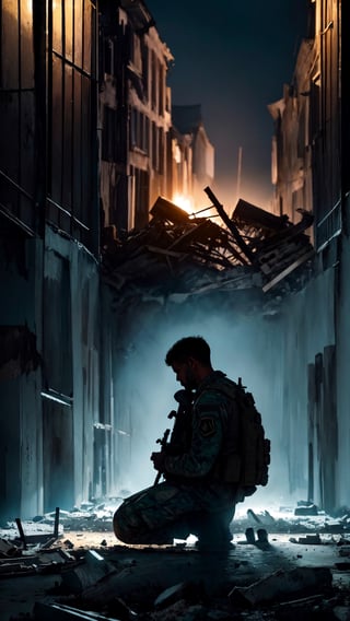 "A sorrowful modern soldier kneels, tears streaming, amidst a vast gathering of ethereal apparitions, embodying the souls of fallen individuals in a war-torn city. This hauntingly beautiful scene, reminiscent of a masterful painting, captures the soldier's anguish with intense emotion. Meticulously depicted, each ghostly figures radiates a soft glow amidst the city's ruins, creating a surreal tableau. The artist's skillful brushwork and meticulous attention to detail elevate this stunning artwork, evoking profound emotions in the viewer."
,photo r3al,r4w photo,Prison,Jail