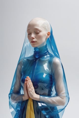 A woman wearing a blue transparent jelly cloak is depicted with her eyes closed, bald head, albino, albinisme, painted white full face, white color skin tone, as if she's praying or sleeping. She has a yellow transparent jelly headscarf wrapped around her head and neck, which appears to be made of plastic. The woman is standing in front of a white background, creating a simple yet striking image.,3d style,Glass Elements,make_3d,xray,(Transperent Parts),transparent