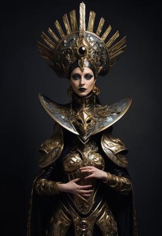 Space empress Zogrina from Pluto reviews her troops, avant-garde armor, cosmic hat, Dark art in the style of Caravaggio
,alien,ral-bling,futuristic alien