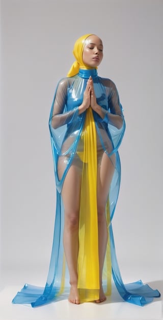 A woman wearing a blue transparent plastic dress is depicted with her eyes closed, bald head, yellow skin, as if she's praying or sleeping. She has a yellow plastic transparent headscarf wrapped around her head and neck, which appears to be made of plastic. The woman is standing in front of a white background, creating a simple yet striking image.,3d style,Glass Elements