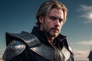 (detailed face: 1.2), Best quality, masterpiece, serious, ultra-high resolution, (photorealistic: 1.2), (best quality)), ((masterpiece)), 1man, solo, Lord Alistair Ravenscroft cuts an imposing figure with his tall and robust frame. Standing at approximately 6'3" (190 cm), he possesses a commanding presence that demands attention. His broad shoulders and well-built physique exude strength and authority, befitting his noble status.
 
His countenance is characterized by sharp, piercing blue eyes that reflect both intelligence and a hint of sternness. Framed by a strong jawline, his face bears the marks of experience and wisdom, with subtle lines etched around his eyes and mouth. His neatly trimmed salt-and-pepper beard adds an air of maturity and distinguishes him as a seasoned ruler.
 
Lord Alistair's hair, once a vibrant chestnut, has now faded to a distinguished silver hue. It is neatly styled, falling just above his shoulders, and often adorned with an intricately crafted silver circlet, symbolizing his noble lineage.
 
In his attire, Lord Alistair exudes both regality and practicality. He is often seen wearing opulent garments befitting his noble status, such as richly embroidered tunics and velvet robes in deep shades of blue and gold, adorned with fine jewelry and brooches. However, he balances the ornate with functionality, donning a practical leather belt that holds a ceremonial dagger and a signet ring, displaying his heraldic crest.
 
Overall, Lord Alistair Ravenscroft's physical appearance reflects his noble lineage and exudes a sense of authority, wisdom, and dignity that befits his role as the lord of Frostgate, expressionless, cowboy shot, looking at viewer, black castle background, standing, black and blue coat, closed mouth, flat chest, staff, black trim, wielding sword, straight hair, black gauntlets, cold attitude, blue energy, dark energy, blue haze, big moon, clouds, dark sky, thunder, blue lightning, photorealistic,  full image, full body, hyper-realistic, camera glare, film grains, uncompressed UHD 8K format, cinematic lights, cinematic colors, bokeh camera blur, Realism,