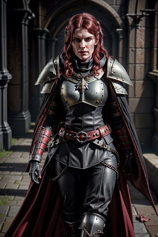 hyper-realistic, female inquisitor, warhammer_40k, black and red armor, prayer chain, flowing black cape with high collar, gaunt face, sharp jawline, sharp nose, deep eye sockets, pursed lips, deep laugh lines, scowl, furrowed brow, metal boots, a leather book chained to belt, walking, battle warn,