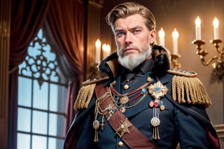  Lord Percival Hawthorne is a man of distinguished appearance. Standing tall and commanding, his presence exudes an air of authority that demands attention. His well-groomed salt-and-pepper beard complements his chiseled features, and his piercing blue eyes seem to hold the secrets of the world.
 