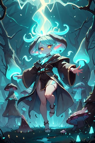 (masterpiece, best quality), (1 girl, cute, small body), yellow eyes, gray hair, fade with sideburns, Style-GravityMagic, solo, (full body:0.6), looking down, detailed background, detailed face, fungal mage, calm, dark brown robes, swirling brown magical energy in the air, nature, folkloric, underbrush, fungal wisps, living mushrooms in background, mysterious dark night, faint bioluminescence, ethereal atmosphere, lightningmagicAI