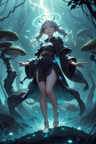 (masterpiece, best quality), (1 girl, cute, small body), yellow eyes, gray hair, fade with sideburns, Style-GravityMagic, solo, (full body:0.6), looking down, detailed background, detailed face, fungal mage, calm, dark brown robes, swirling brown magical energy in the air, nature, folkloric, underbrush, fungal wisps, living mushrooms in background, mysterious dark night, faint bioluminescence, ethereal atmosphere, lightningmagicAI