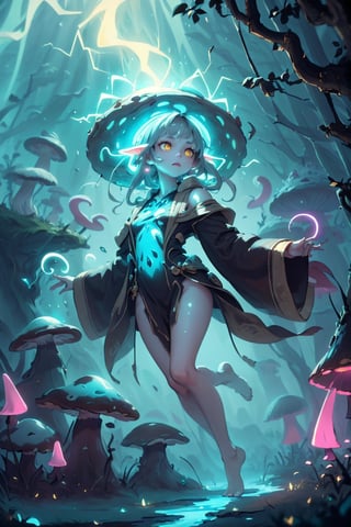 (masterpiece, best quality), (1 girl, cute, small body), yellow eyes, gray hair, fade with sideburns, Style-GravityMagic, solo, (full body:0.6), looking down, detailed background, detailed face, fungal mage, calm, dark brown robes, swirling brown magical energy in the air, nature, folkloric, underbrush, fungal wisps, living mushrooms in background, mysterious dark night, faint bioluminescence, ethereal atmosphere, lightningmagicAI,