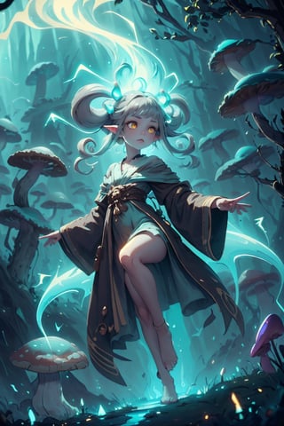 (masterpiece, best quality), (1 girl, cute, small body), yellow eyes, gray hair, fade with sideburns, Style-GravityMagic, solo, (full body:0.6), looking down, detailed background, detailed face, fungal mage, calm, dark brown robes, swirling brown magical energy in the air, nature, folkloric, underbrush, fungal wisps, living mushrooms in background, mysterious dark night, faint bioluminescence, ethereal atmosphere, lightningmagicAI,