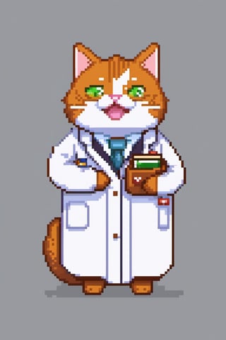 pixel art, close up, chubby, laughing, happy, professor, lab coat, pen in pocket, orage cat, backdrop, blocky, 64 bit pixel, studio lighting, white background, no_humans