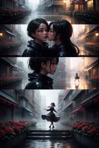 Take a deep breath and let's work on this problem step by step. expert sequence, dynamic action pose, INVISIBLE FIBONACCI WATERMARK - imagine an Unreal Engine 5 diorama that conveys the magic and charm of "dancing in the rain". The main character, a girl, is depicted in elegant and detailed poses, all wet, raindrops flowing down her face, with charming details in facial expressions and gestures. don't make a collage, there is a Hollywood street in the rain in the background, decorated with colorful roses that give the scene a touch of romance and freshness. Mesmerizing lighting emphasizes the joy and optimism of the film.., High resolution, impeccable composition, realistic details, perfect proportions, stunning colors, mesmerizing lighting, interesting plots, creative angle, attractive background, good timing, thoughtful focus, balanced editing, harmonious colors, modern aesthetics, handmade with precision, vivid emotions, joyful impact, exceptional quality, powerful message, Raphael style, unreal engine 5, octane rendering, isometric, beautiful detailed eyes, super detailed face, eyes and clothes, More details, Blush,masterpiece,better quality, high resolution, more details XL