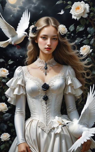 Surrealism, abstraction, girl with white dove and black roses, ultra details oh clothes, best quality, masterpiece, painting, concept art, emotionally, atmospheric, aesthetics of romanticism 