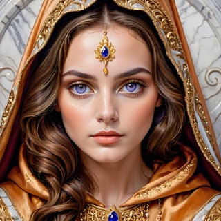 Traditional Oil painting art, (wizard of the coast art) style, a photorealistic portrait of a stunningly beautiful woman with  make-up, extremely detailed light glowing grey eyes, detailed symmetric realistic face, natural skin texture, extremely detailed skin with skin pores, peach fuzz, . luxury beautiful wavy dark bronze hair, imperial glory, proud face,  wearing ultramarine- violet hood  with gold fantasy style paterns, white marble figurative relief in background masterpiece, absurdres, award winning photo by lee jeffries, nikon d850 film stock photograph, kodak portra 400 camera f1.6 lens, extremely detailed, amazing, fine detail, rich colors, hyper realistic lifelike texture, dramatic lighting, unrealengine, trending on artstation, cinestill 800 tungsten, looking at the viewer, photo realistic, RAW photo, TanvirTamim, high quality, highres, sharp focus, extremely detailed, cinematic lighting, 8k uhd
,detailmaster2