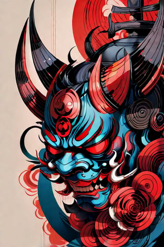 oni mask, black and dark dark blue, japanese demon, forehead design, extremely detailed, super stylish masterpiece, gradient_background, digital_painting, japanese tattoo, very sharp lines