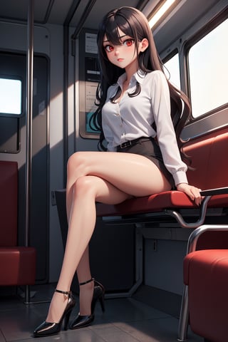 beautiful lady, 1girl, sitting with legs open, office_lady, sitting on the seats, inside a train, long black hair, red eyes, shy look, wavy black hair, white skin,photorealistic