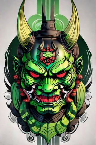 oni style, oni mask,black and green color, extremely detailed, gradient_background, digital_painting, tattoo, very sharp lines