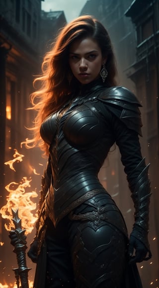 masterpiece, highly detailed close portrait of A girl, long hair with bangs blowind by wind, looking at viewer, large breasts, hair ornament, blue eyes, Intrincate detailed dark and hinted dress, jewelry, sensual mouth, standing, weapon, earrings, (((black armor over his nude body,))). shoulder armor and gauntlets, detailed eyes, detailed mouth,LegendDarkFantasy, Image with dark tones and light, Dark_Mediaval,ghostrider