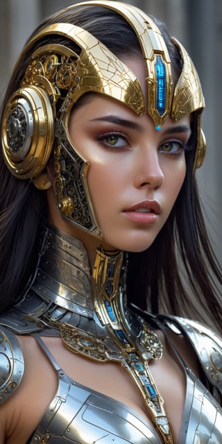 a beautiful young girl cyborg with long black hair, futuristic, scifi, intricate, elegant, highly detailed, majestic, greg rutkowski, surreal gold filigree, broken glass, (masterpiece, sidelighting, finely detailed beautiful eyes: 1.2), hdr, realistic painting , natural skin, textured skin, closed mouth, gray eyes, chest armor, eye makeup, robot joints, long hair moved by the wind, 