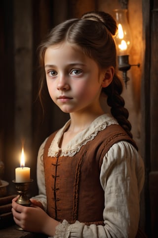 (masterpiece: 1.3) photo of a beautiful girl about 11 years old,  brown hair collected in a ponytail, 18th century hairstyle and dress, warm clothing,  perfect fingers, detailed skin texture, textured skin, sweet face with soft features, (small, photorealistic, photorealism: 1.37), with intricate details , In an old and gloomy house illuminated by oil lamps,