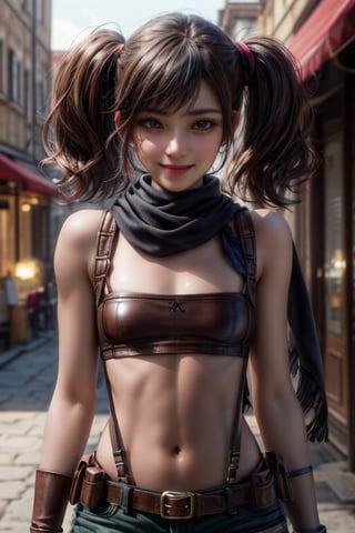 Asian-Less, (masterpiece, best quality:1.2), high detail, intricate detail, photorealistic, 8k, sharp focus, beautiful lighting, Cinematic film still,
full medium shot, RAW photo, 1girl, gorgeous 18 years old, AS-YoungV2, middle eastern girl, brown hair, twin tails, perfect sparkling brown eyes, petite, slim body, skinny, small breast, finely detailed features, happy and smiling look, looking at camera, detailed skin texture, (blush:0.5), (goosebumps:0.5), subsurface scattering,
rogue, harness, with tons of (belt pouches:1.3), (brown leather short:1.4), brown leather crop top, suspenders, tanned leather gloves, scarf, midriff, empty medieval market town, daylight, 
fcDetailPortrait, 


 
 