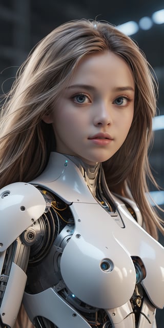 Generate image of a cyber semi robotic girl, sweet face, beautiful body, long loose hair floating in motion, standing clear piercing eyes looking into the distant horizon, intricate detail image, cinematic lighting, high definition hyper realistic image,