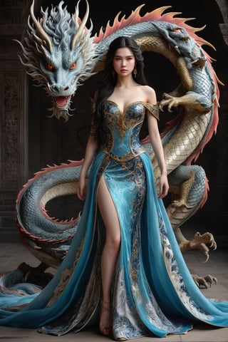 full body shot. An ultra real full body photo of a young woman, with a big dragon. Long dark hair. Wearing an elaborate and colored highly detailed dress with a wide neckline, ultra close macro details, ultra contrast, ultra decoration. Intricate details of her beautiful eyes and her perfect face. very beautiful girl. 