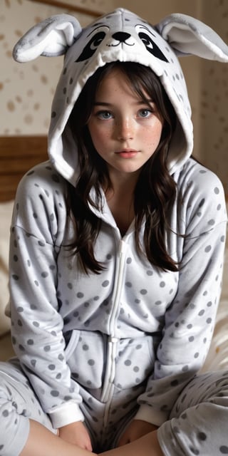 dark hair,  gray eyes,  freckles,  1girl, onesie pajama,  short pants, open coat, sitting in a bedroom animal hood,
