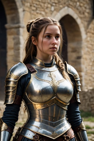 Cinematic Still (Raw Photo: 1.3) (Ultrarealistic: 1.3) 1 girl, medieval black costume, a metal armor with intincated gold details wielding long sword, large breast, long hair with a ponytail , looking at his side, abdomen, navel, photorealistic, realistic, solo, very detailed. shallow depth of field, highly detailed, high budget, bokeh, cinemascope, moody, epic, gorgeous, film grain, grainy, in medieval background, photo r3al