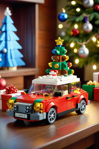 A whimsical scene of a Lego model of a car, placed neatly on top of a table. The car is meticulously crafted with various Lego pieces, depicting its intricate design and attention to detail. In the background, the Christmas atmosphere is evident with a colorful Christmas tree adorned with ornaments and lights, as well as a beautifully wrapped gift box sitting on a nearby shelf. The room is well-lit, adding to the festive ambience. The Lego car sits proudly on the table, surrounded by various Lego building blocks and instructions, hinting at the hours of creativity and fun that went into its construction. The holiday spirit is further emphasized by a small, lit-up snow globe on the table, depicting a winter wonderland scene, complete with a snow-covered village and trees. The image captures the essence of the joy and creativity that comes with the holiday season, as well as the satisfaction of building and creating something unique., cinematic shot, dynamic lighting, 75mm, Technicolor, Panavision, cinemascope, sharp focus, fine details, 8k, HDR, realism, realistic, key visual, film still, superb cinematic color grading, depth of field, natural beauty,LEGO MiniFig