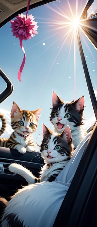 In this ethereal and dreamlike scene, five adorable kittens pile into a vintage, sky-blue convertible. Their fur is soft and fluffy, with a variety of colors ranging from snow-white to deepest black. They appear to be engrossed in a game of tag, their tiny paws batting at each other playfully. The car's interior is decorated with colorful streamers and pom-poms, adding a festive touch to the already whimsical setting. The kittens' eyes sparkle with delight as they laugh and squeak, their little tails swishing back and forth. The sun is shining brightly outside, casting a warm glow over the entire scene. You can almost feel the lightness and joy that radiates from these innocent creatures.