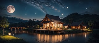 ((beautiful Wallpaper of the view of a field with a traditional small house in it and a person and a shed and river and lake)), ((night)), (((sky full star and a moon:1))), Landscape, Bangsian fantasy, sumatraism, pexels, pinterest, stock photo, shutterstock, picture, behance, tilt shift photo, jigsaw puzzle, ecological art, Cheong Soo Pieng, kouan, regionalism, syunkarow, Solarpunk, Solarpunk, microscopic photo, Tan Ting-pho, environmental art, color field, Yann Arthus-Bertrand, Basawan, Gong'an, Bichitr, Parable, Architectural, horishiki, over-rice, mura-mura, unsplash, Triangulation, Food Art