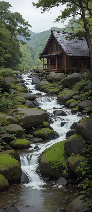 an old cabin with trees in the background and a stream flowing down it,ushitora-kimon,Hiroshi Yoshida,Wuxia, isekai, danube school, Landscape