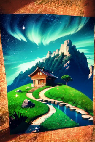 an empty cottage on a hill next to the river and mountains covered with green grass,((night)), ((beautiful sky full star)),Landscape, pexels, detailed_background, samikshavad, Deng Shiru, Xianxia, karnatia-seri-anabald, picture, digital rendering, Zanabazar, Adventure fantasy, bengal school of art, nurugai, ecological art, Ramkinkar Baij, regionalism, Amish, hurufiyya, rayzhai, Sadahide, Romantic fantasy, cg render, Gong'an, Photorealism, mala-xiao-longxia, tepen, Diagrammatic, Cui Bai, Triangulation, Anamorphic, masterpiece, complex background,