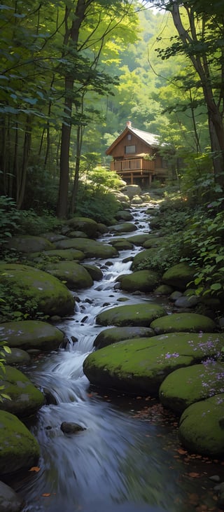 an old cabin with trees in the background and a stream flowing down it,ushitora-kimon,Hiroshi Yoshida,Wuxia, isekai, danube school, Landscape