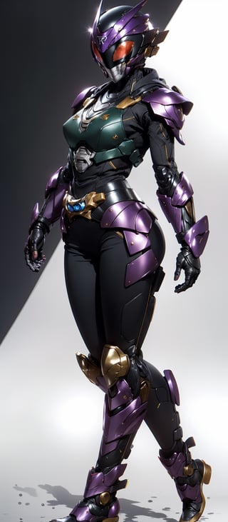 Charming girl in Kamen rider armor, adorable pose, cleavage, dynamic_pose, Tokyo city view,ultra hd, detailed body, full body, detailed hands, detailed face, detailed eyes, purple sweater, white sleeves, hood, low hood, water and glitter background, hdr,Kamen_Rider_Black_RX