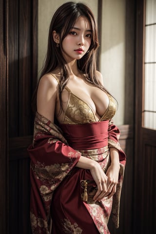 photorealistic:1.37, masterpiece, best quality, raw photo, absurd res, UHD, 1girl, medium breasts, cleavage, long hair, brown hair, seductive, Japanese sexy dress, erotic pose, looking at the viewer, in Cambodia, intricate detail, detailed background, detailed skin, pore, highres, hdr
