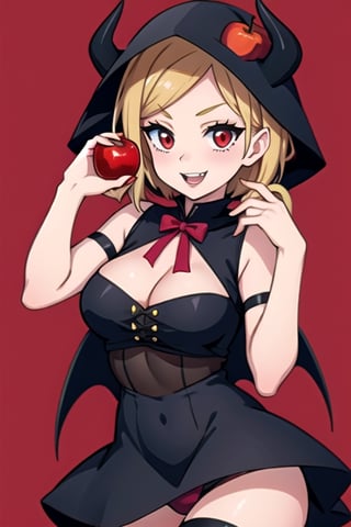 Anime girl in a devil costume holding a red apple, anime demon girl, Anime girl wearing a black dress, vampire girl, demon girl, gothic maiden anime girl, beautiful vampire queen, Succubus in a tight short dress, vampire fashion, 17-year-old gothic anime girl, Gapmoe Yandere Grimdark, Cute Succubus, smile