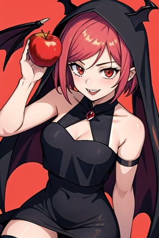 Anime girl in a devil costume holding a red apple, anime demon girl, Anime girl wearing a black dress, vampire girl, demon girl, gothic maiden anime girl, beautiful vampire queen, Succubus in a tight short dress, vampire fashion, 17-year-old gothic anime girl, Gapmoe Yandere Grimdark, Cute Succubus, smile