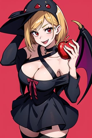 Anime girl in a devil costume holding a red apple, anime demon girl, Anime girl wearing a black dress, vampire girl, demon girl, gothic maiden anime girl, beautiful vampire queen, Succubus in a tight short dress, vampire fashion, 17-year-old gothic anime girl, Gapmoe Yandere Grimdark, Cute Succubus, smile