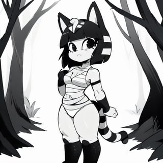 Ankha, tail, bandages, , Beautiful Art Style, 1girl, young woman, looking at viewer, hunky, forest, one arm behind her back, herald costume,  ,monochrome