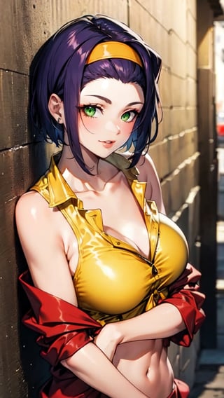 masterpiece, best quality, 1 girl, purple hair, short hair, solo, headband, green eyes, breasts, looking at viewer, yellow headband, cleavage, bare shoulders, big breasts, lipstick, collarbone, makeup, navel, smile, upper body, (red shirt, yellow jacket: 1.2), medium breasts, sleeveless, purple hair, short hair, lying on wall, alley

