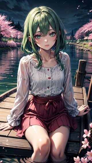 masterpiece, best quality, vibrant colors, 1 girl, masterpiece, sharp focus, best quality, depth of field, cinematic lighting, dynamic pose, green hair, pink eyes, sitting in a small old wooden boat surrounded by flowers of cherry tree, in the middle of a romantic river in the middle of the night, with a soft and peaceful smile on her face, short hair, green hair,black shirt, black skirt, green eyes,(cleavage:1.4),sexy