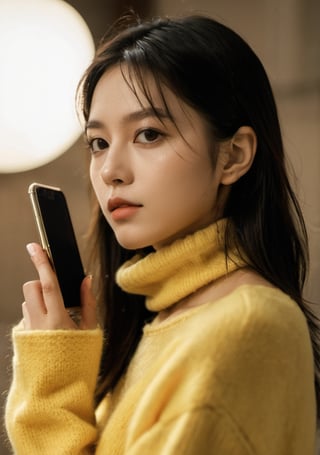 xxmix_girl,a close up of a person with a yellow sweater on and a cell phone in hand and a light shining on her face,long hair