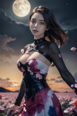 masterpiece, best quality, 1girl, (colorful),(finely detailed beautiful eyes and detailed face),cinematic lighting,bust shot,extremely detailed CG unity 8k wallpaper,white hair,solo,smile,intricate skirt,((flying petal)),(Flowery meadow) sky, cloudy_sky, building, moonlight, moon, night, (dark theme:1.3), light, fantasy,,fantasy, high contrast, ink strokes, explosions, over exposure, purple and red tone impression , abstract, ((watercolor painting by John Berkey and Jeremy Mann )) brush strokes, negative space,